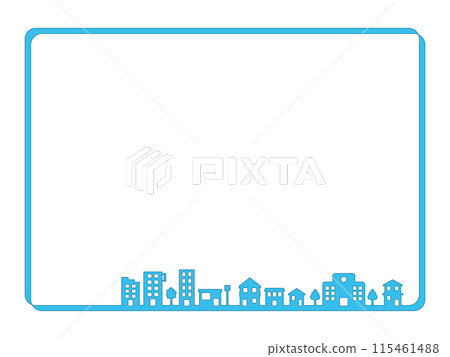 Simple streetscape line frame with houses and buildings, turquoise blue version Simple streetscape line frame with houses and buildings, turquoise blue version 115461488