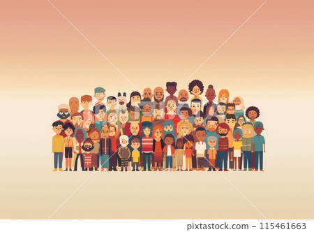 A diverse crowd of people from different ethnicities and ages were depicted in a vector illustration with flat design. 115461663