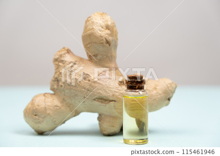 Natural Ginger Essential Oil in a Glass Bottle on a Grey Blue Background. Natural Ginger Essential Oil in a Glass Bottle on a Grey Blue Background. 115461946