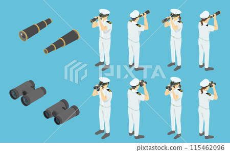 Isometric illustration: telescope and binoculars (sailor white uniform) Isometric illustration: telescope and binoculars (sailor white uniform) 115462096