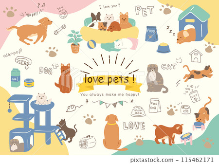 Set of handwritten dog, cat and pet supplies icons Set of handwritten dog, cat and pet supplies icons 115462171