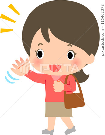 A woman on the go waving with a smile, meeting someone 115462378