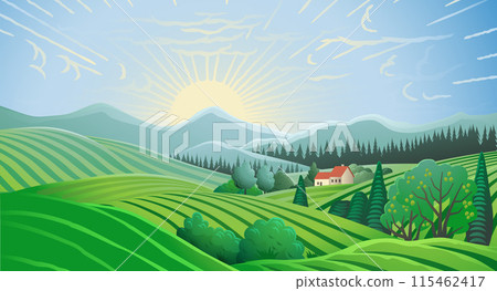 Fields Rolling Hills Sunrise Farm Land Background 115462417