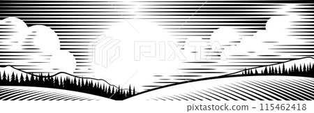 Rolling Hills Drawing In A Vintage Woodcut Style 115462418