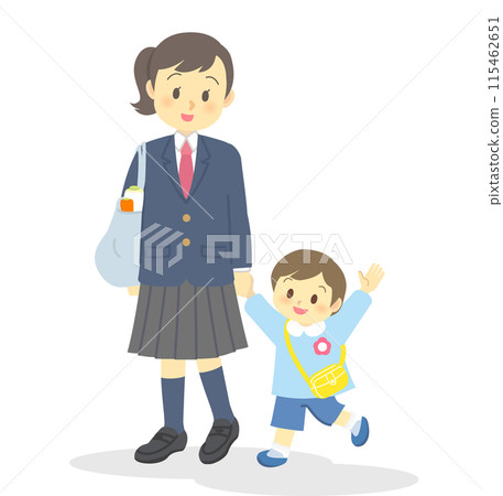 Image of a young carer: A minor student (female junior high school student/smile/full body) taking care of younger siblings on behalf of the family 115462651