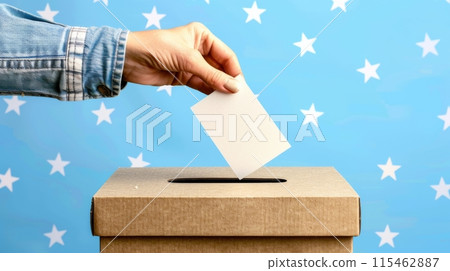 Hand Casting Ballot in Voting Box with Star Background 115462887