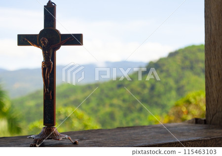 Holy Cross with customizable space for Christian message or text. Religion concept. Holy Cross with customizable space for Christian message or text. Religion concept. 115463103