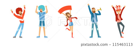 Sport Fan Man and Woman Character with Trumpet and Banner Vector Set 115463113
