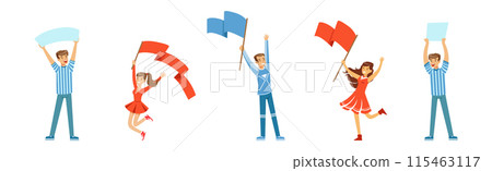 Sport Fan Man and Woman Character with Flag and Banner Vector Set 115463117
