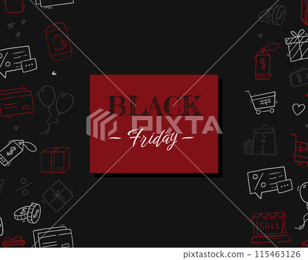 Black friday banner template with lettering and doodle elements. Black Friday sale banner. Social media vector illustration template 115463126