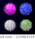 Magical game orbs with glowing neon effect. Magic crystal balls, energy spheres with light effect. Witchcraft glass orbs glowing isolated on dark background 115463134