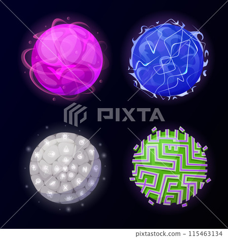 Magical game orbs with glowing neon effect. Magic crystal balls, energy spheres with light effect. Witchcraft glass orbs glowing isolated on dark background 115463134