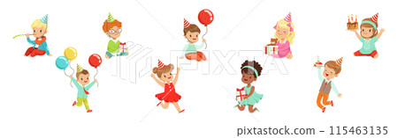 Cute Little Kids in Cone Hat Celebrating Birthday Vector Set Cute Little Kids in Cone Hat Celebrating Birthday Vector Set 115463135