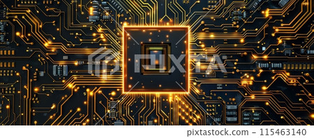 Top view of golden microchips representing futuristic technology. Information technology concept. Top view of golden microchips representing futuristic technology. Information technology concept. 115463140