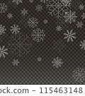 Beautiful falling snow flakes design. Snowflakes falling, Christmas decoration. Christmas snow. Many white cold flake elements on transparent background. 115463148