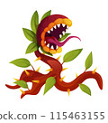 Cartoon carnivorous plant. Flytrap or flower predator. Angry flowers with teeth. Fantasy scary flower 115463155