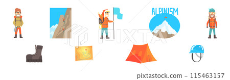 Alpinism and Climber Equipment and Sport Gear Vector Set 115463157