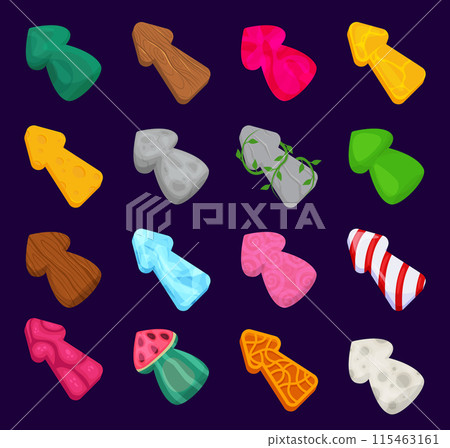 Cartoon glossy arrows. Game arrows asset. Cartoon cursors and pointers interface elements. Mouse cursors for computer game and ui design. Cartoon glossy arrows. Game arrows asset. Cartoon cursors and pointers interface elements. Mouse cursors for computer game and ui design. 115463161