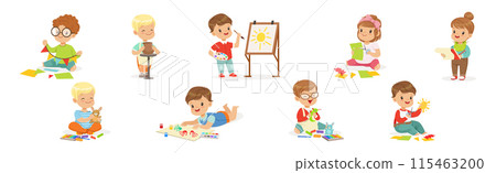Kids Doing Creative Activity and Craft Hobby in Art Workshop Vector Set Kids Doing Creative Activity and Craft Hobby in Art Workshop Vector Set 115463200