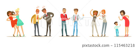 People Character Fighting and Quarrelling Making Loud Public Scandal Vector Set 115463218