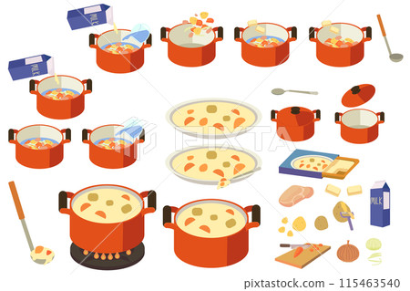 Illustration set of the process of making cream stew 115463540