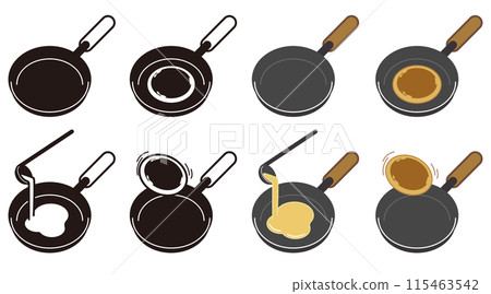 Pancake cooking process icon illustration set from pouring batter to heating and flipping 115463542