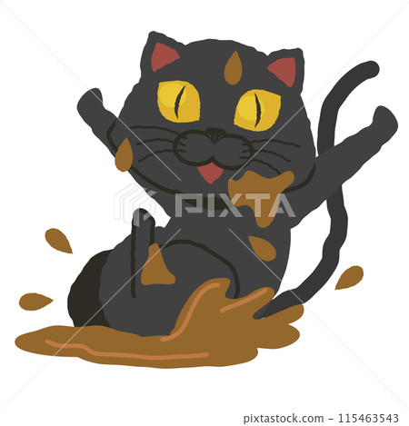 A cheerful black cat playing in the mud 115463543