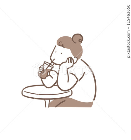 Illustration material of a hunched woman drinking tea while resting her chin on her hand 115463650