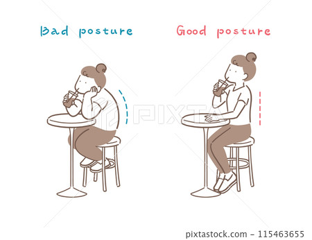 A simple illustration of a woman with good and bad posture having tea in a cafe A simple illustration of a woman with good and bad posture having tea in a cafe 115463655
