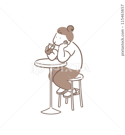 Full-body illustration of a hunched woman drinking coffee with her chin in her hand 115463657