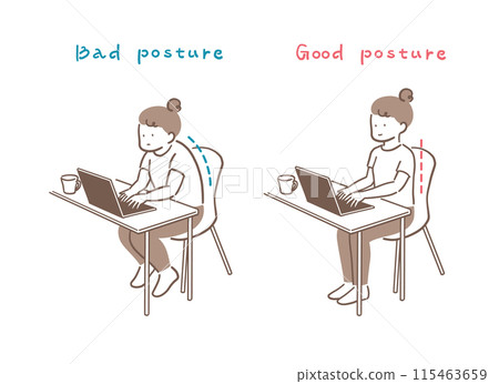 Illustration material of a woman with good and bad posture when using a computer 115463659