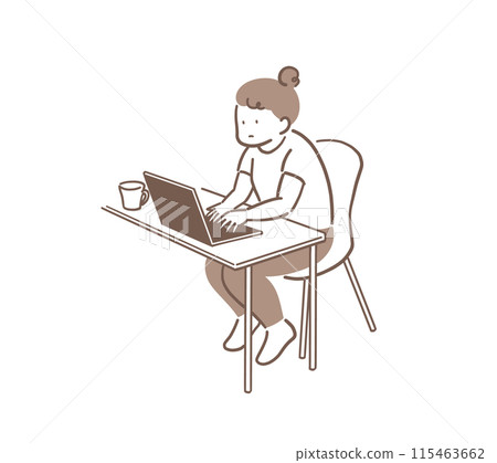 Full-body illustration of a hunched woman using a laptop Full-body illustration of a hunched woman using a laptop 115463662