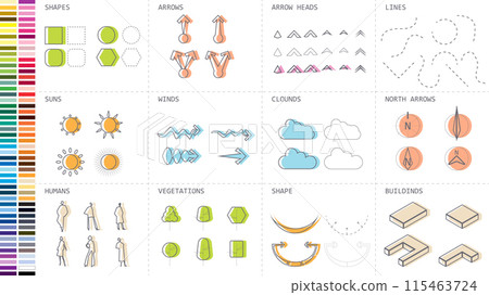 architecture site analysis symbol icon element drawing graphic flat isolated vector. architecture element line sun wind sound sun path vegetation. 115463724