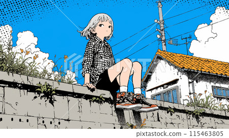 一個女孩坐在牆上等待她的朋友 115463805