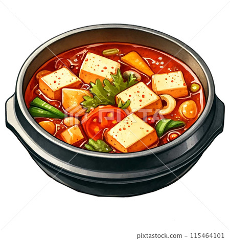 Watercolor illustration of Soondubu jjigae (spicy soft tofu stew) in a clay pot 115464101