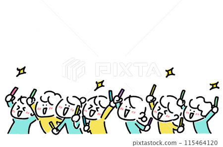 People enthusiastically celebrating at a concert, penlights, smiling faces 115464120