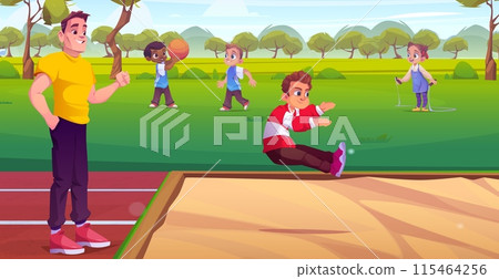 Father supporting son doing long jump 115464256