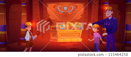 Family exploring Egyptian pharaoh tomb 115464258