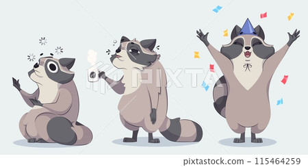 Cute racoon cartoon character. Funny vector animal 115464259