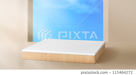 Wooden product podium with sky outside window Wooden product podium with sky outside window 115464272