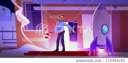 Crazy scientist and rocket in yard Crazy scientist and rocket in yard 115464285