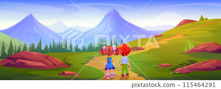 Two kids back view walking along path on meadow 115464291