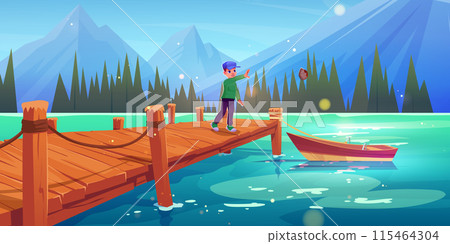 Teen boy throw stone in water of river or lake 115464304