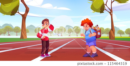 Two kid boys talking on running track 115464319