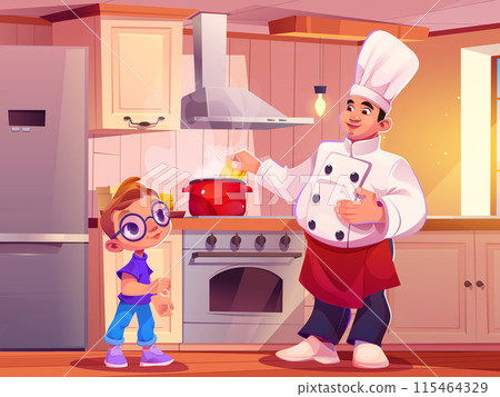 Kid boy with chef in kitchen of restaurant Kid boy with chef in kitchen of restaurant 115464329