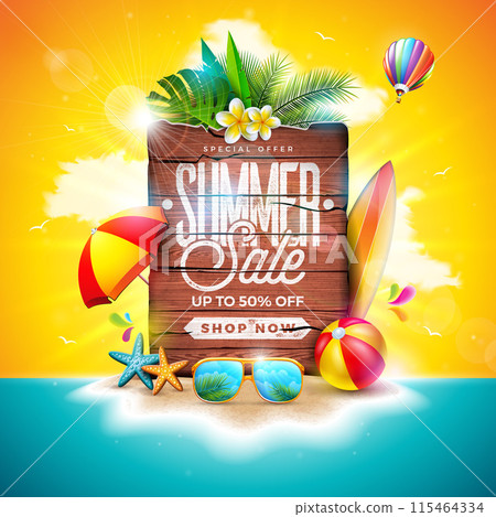 Summer Sale Design with Flower, Exotic Palm Leaves and Vintage Wood Board on Tropical Island Background. Vector Holiday Special Offer Business Illustration with Beach Ball and Flower for Coupon Summer Sale Design with Flower, Exotic Palm Leaves and Vintage Wood Board on Tropical Island Background. Vector Holiday Special Offer Business Illustration with Beach Ball and Flower for Coupon 115464334