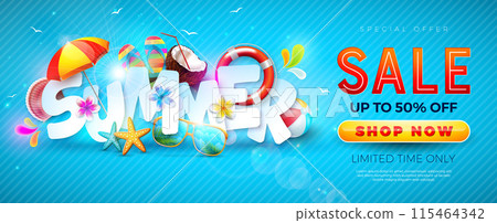Summer Sale Banner Design with Flower and Beach Holiday Elements on Blue Background. Tropical Vacation Vector Floral Illustration with Special Offer Typography for Coupon, Voucher, Flyer, Promotional 115464342