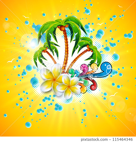Summer Time Holiday Illustration on Sky Blue Background. Tropical Plants, Flower, Beach Ball, Surf Board, Coconut and Sunglasses with Palm Tree. Vector Vacation Design Template for Banner, Flyer 115464346