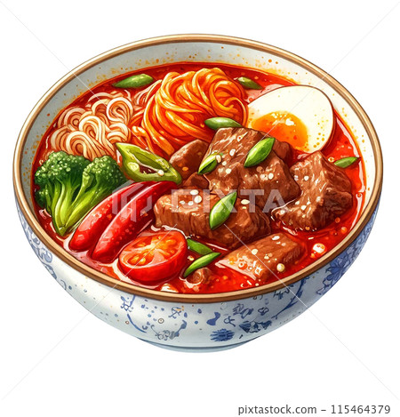 Watercolor illustration of Yukgaejang (spicy beef soup) in a bowl. 115464379