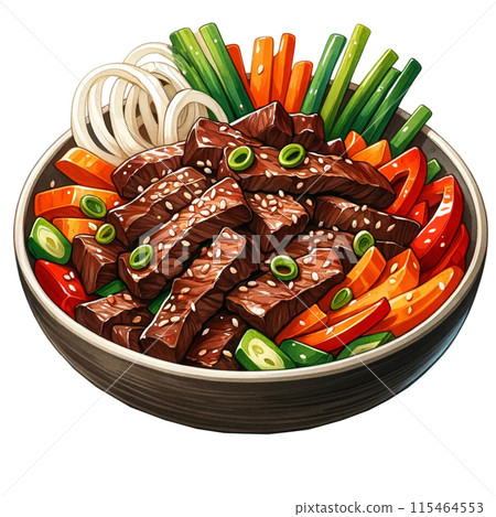 Watercolor illustration of Bulgogi beef stir fry with sesame seeds and vegetables Watercolor illustration of Bulgogi beef stir fry with sesame seeds and vegetables 115464553